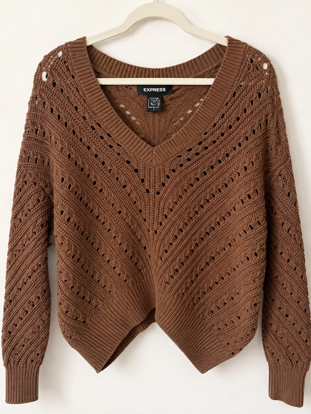 Express Brown Open Knit V Neck Sweater Conscious Edit Size L